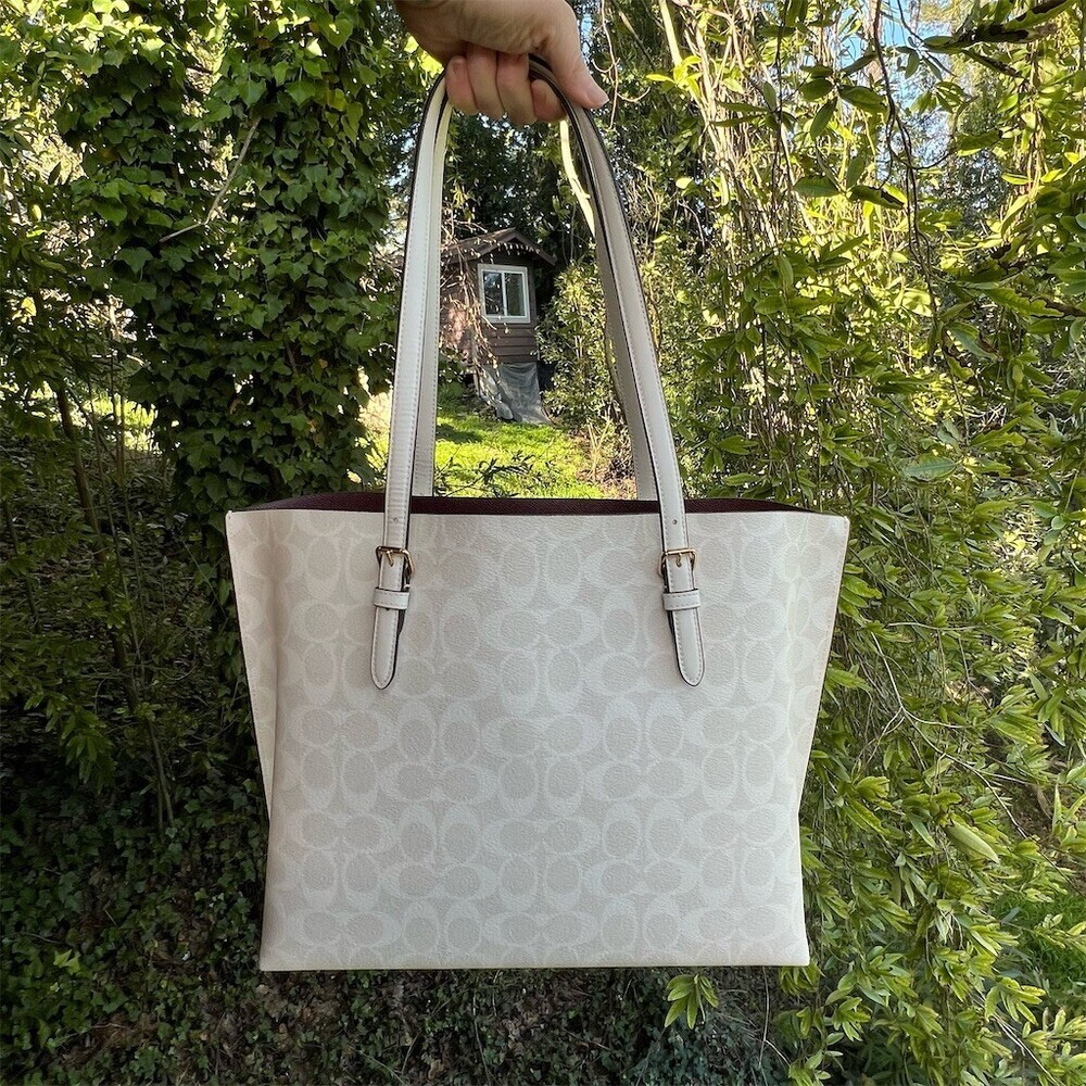COACH Mollie Tote Bag Womens Large White Signature Logo Handbag w Gold Hardware - Picture 2 of 13
